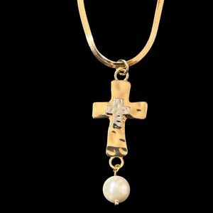 Elegant Gold and Silver Cross Pendant Necklace With Pearl Drop. NWT